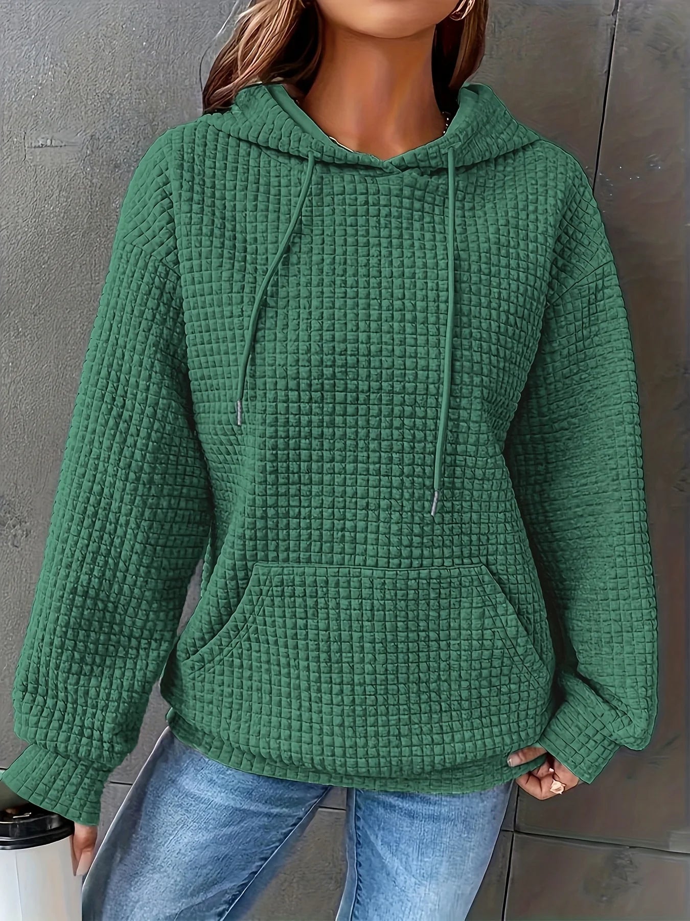 Women Waffle Knit Hoodie Long Sleeve Pullover Sweatshirt