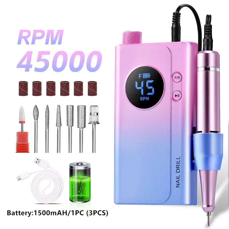 45000RPM Rechargeable Nail Drill Machine Portable Electric Nail File LCD Display USB Charging Manicure Pedicure Kit Gel Acrylic Nail Polisher Salon Nail Art Tools And Home Use For All Festival Gifts