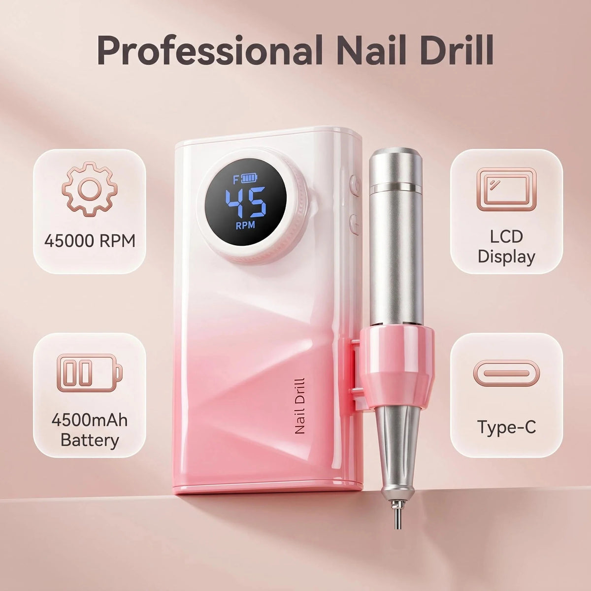 Cordless Nail Drill] Professional Cordless Electric Nail Drill Machine 45000RPM Suitable for Acrylic Gel Nails, LCD Display Rechargeable Nail Drill with Brushless Motor & Adapter for Salon & Home Use, Manicure Pedicure for Na