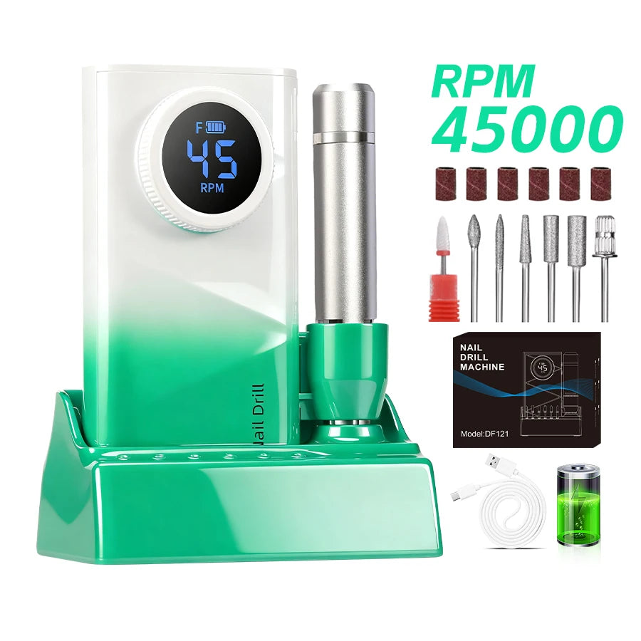 Cordless Nail Drill] Professional Cordless Electric Nail Drill Machine 45000RPM Suitable for Acrylic Gel Nails, LCD Display Rechargeable Nail Drill with Brushless Motor & Adapter for Salon & Home Use, Manicure Pedicure for Na