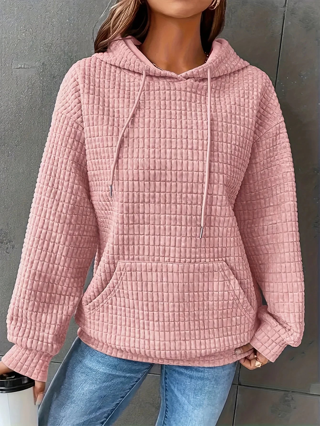 Women Waffle Knit Hoodie Long Sleeve Pullover Sweatshirt