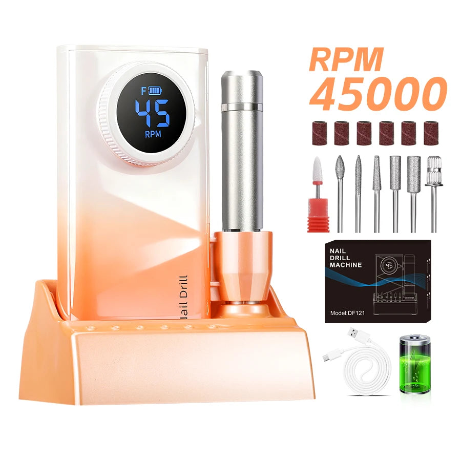 Cordless Nail Drill] Professional Cordless Electric Nail Drill Machine 45000RPM Suitable for Acrylic Gel Nails, LCD Display Rechargeable Nail Drill with Brushless Motor & Adapter for Salon & Home Use, Manicure Pedicure for Na