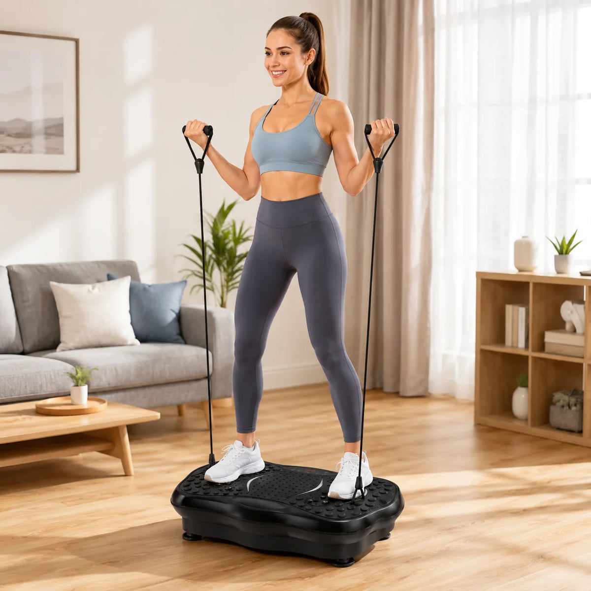 Vibration Plate Exercise Machine with Resistance Bands, Whole Body Vibration Platform for Home Workout, Anti-Slip Fitness Massage Board with Remote Control