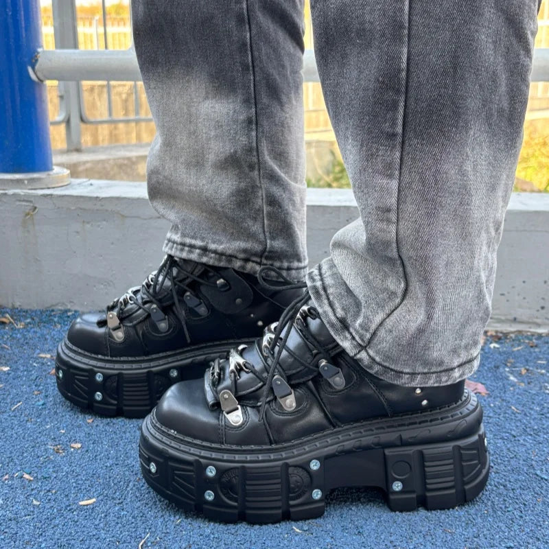 Gothic Black Metal Decoration Women Sneakers Chunky Heel All Match Platform Casual Trainers Sport Runway Unisex Shoes Large Size