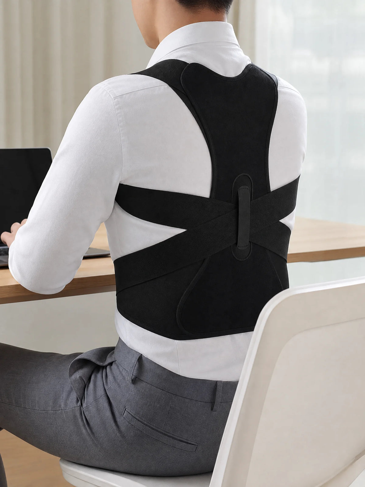 1PC Breathable Back Posture Corrector with Aluminum Plate - Cross Traction Adjustable Straps, Unisex Office/Home Wear Support Aid (Gray/Black)