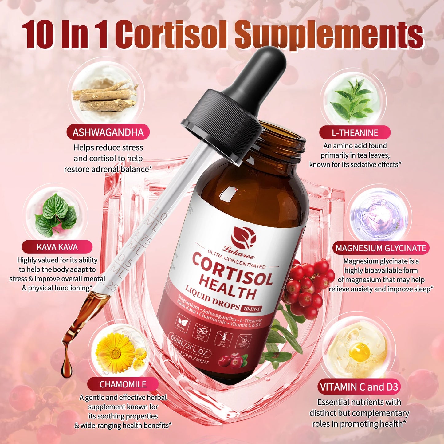 Lukaree 60ML Cortisol Supplements for Women & Men with Magnesium,Kava Kava for Cortisol Reducer & Detox, Mood Focus,Sleep Health