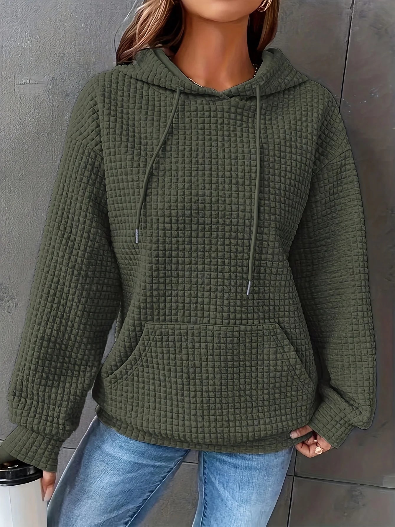 Women Waffle Knit Hoodie Long Sleeve Pullover Sweatshirt