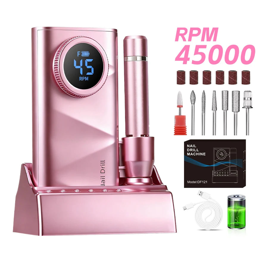 Cordless Nail Drill] Professional Cordless Electric Nail Drill Machine 45000RPM Suitable for Acrylic Gel Nails, LCD Display Rechargeable Nail Drill with Brushless Motor & Adapter for Salon & Home Use, Manicure Pedicure for Na