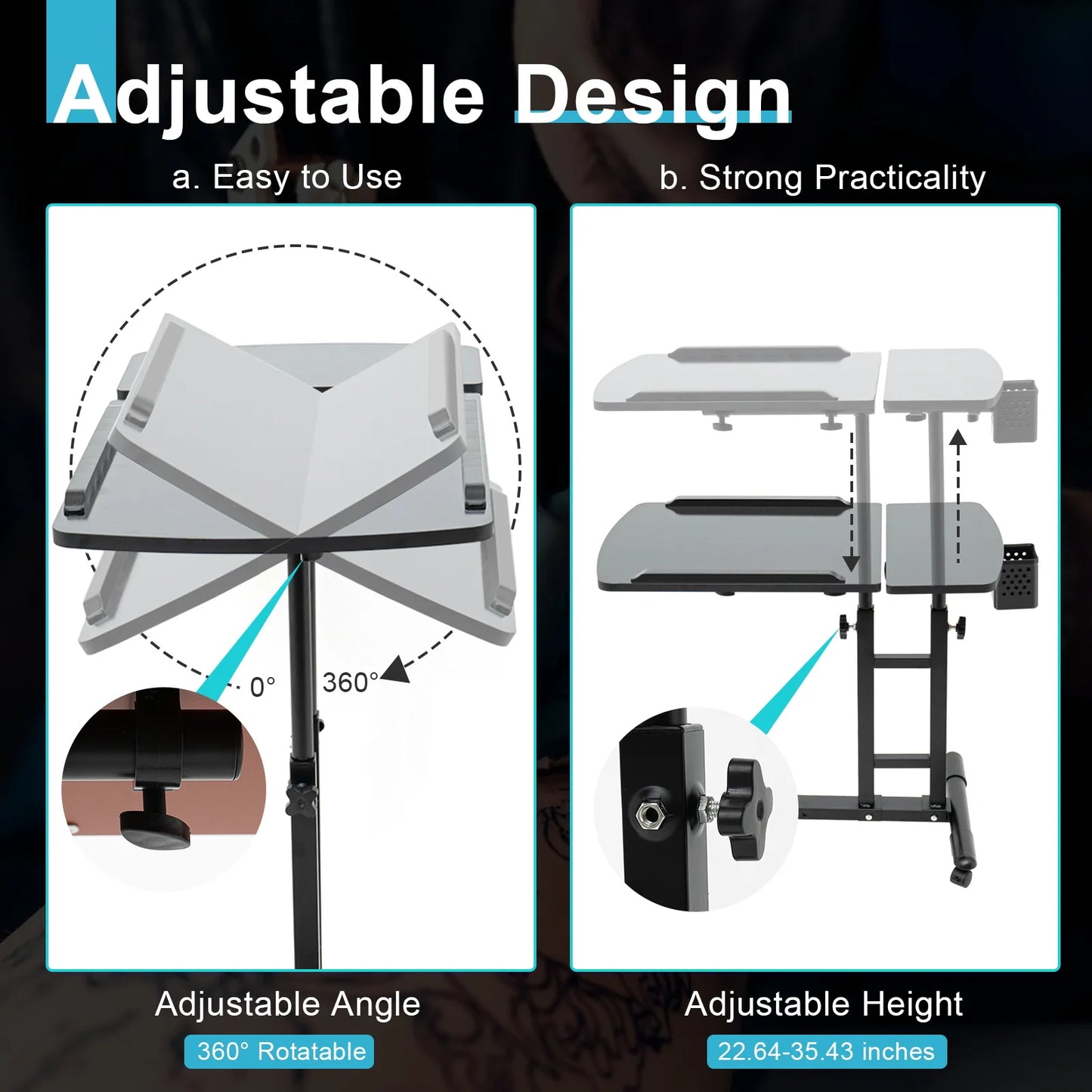Portable Tattoo Table Station, Tattoo Workbench Stand On Wheels, Iron Tattoo Stable Base, 57.5-90cm Adjustable