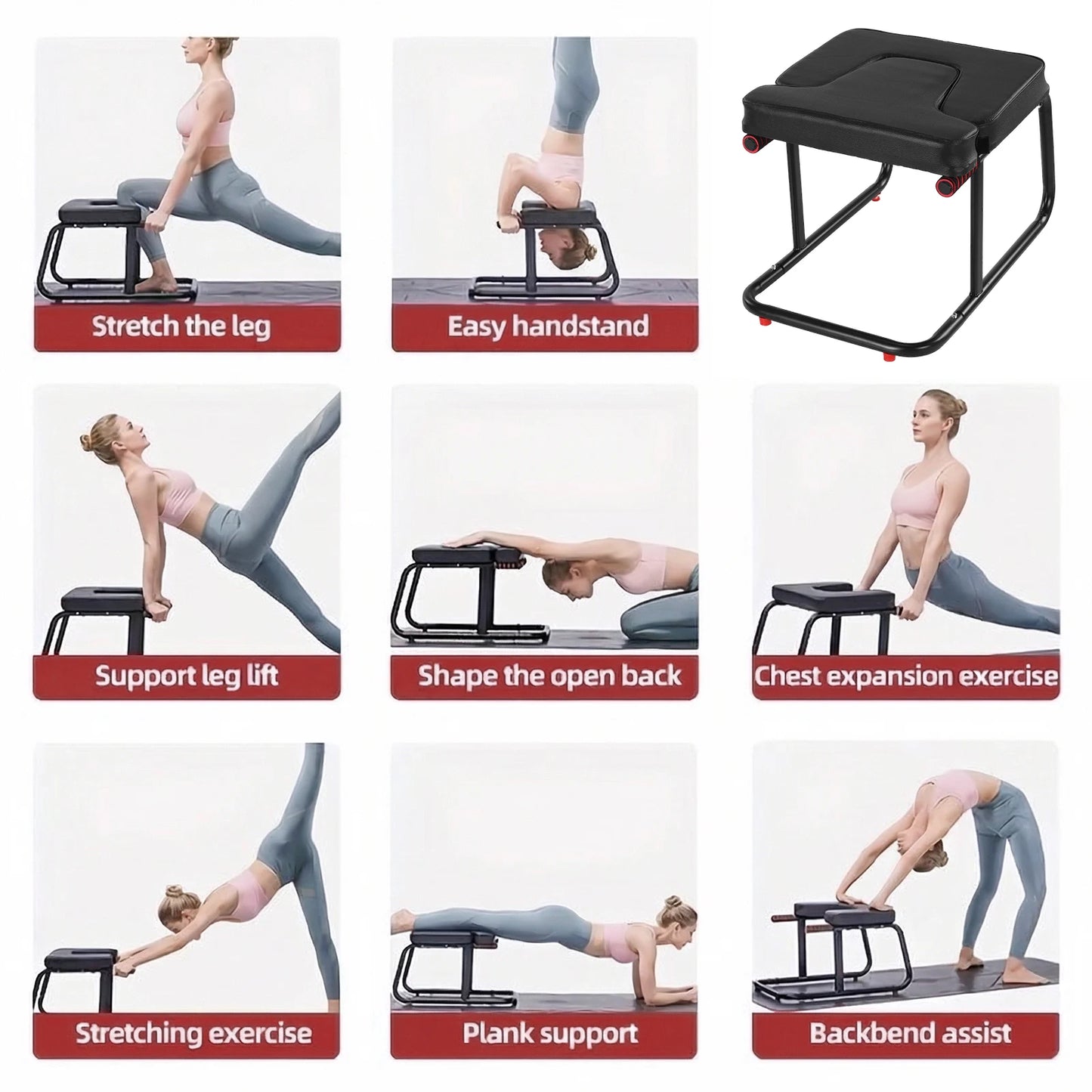 Yoga Headstand Bench with Anti-Slip Mat Yoga Inversion Chair Metal Frame & PU Pads for Back Decompression Strength Training