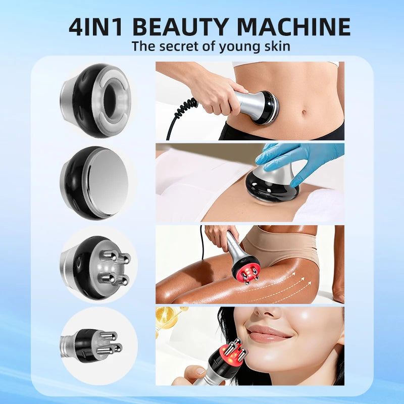 4-in-1 multi-functional beauty device, ultrasonic cavitation machine, 40k lymphatic massage slimming instrument, body care vacuum liposuction device, anti-wrinkle rejuvenation device, skin tightening and lifting.