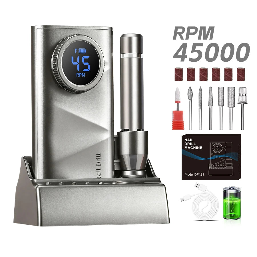 Cordless Nail Drill] Professional Cordless Electric Nail Drill Machine 45000RPM Suitable for Acrylic Gel Nails, LCD Display Rechargeable Nail Drill with Brushless Motor & Adapter for Salon & Home Use, Manicure Pedicure for Na