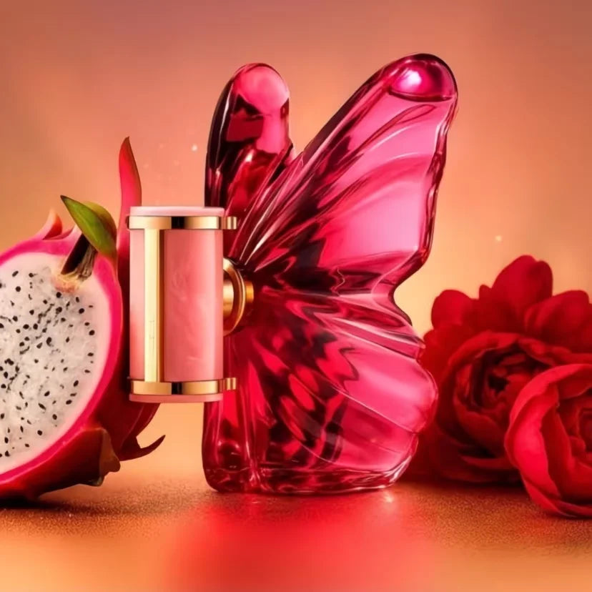 LA Bom. b.A 2.7oz female perfume, fresh flower and fruit fragrance, dragon fruit integration, unique butterfly design