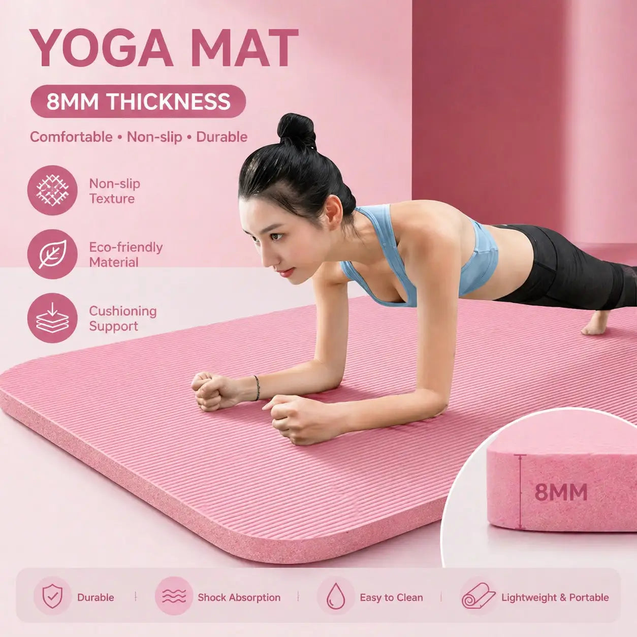 185*61CM Pink Non Slip Yoga Mat Set Shock Absorbing Comfort Exercise Pad Portable Lightweight Fitness Accessory For Yoga Pilates Gym Workout Home Daily Training Local Delivery Available
