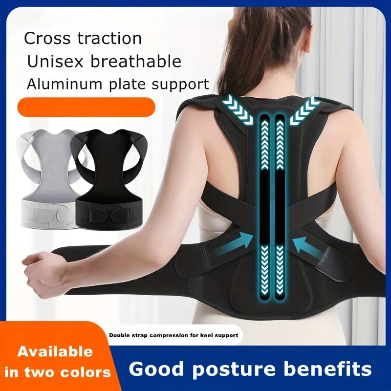 1PC Breathable Back Posture Corrector with Aluminum Plate - Cross Traction Adjustable Straps, Unisex Office/Home Wear Support Aid (Gray/Black)