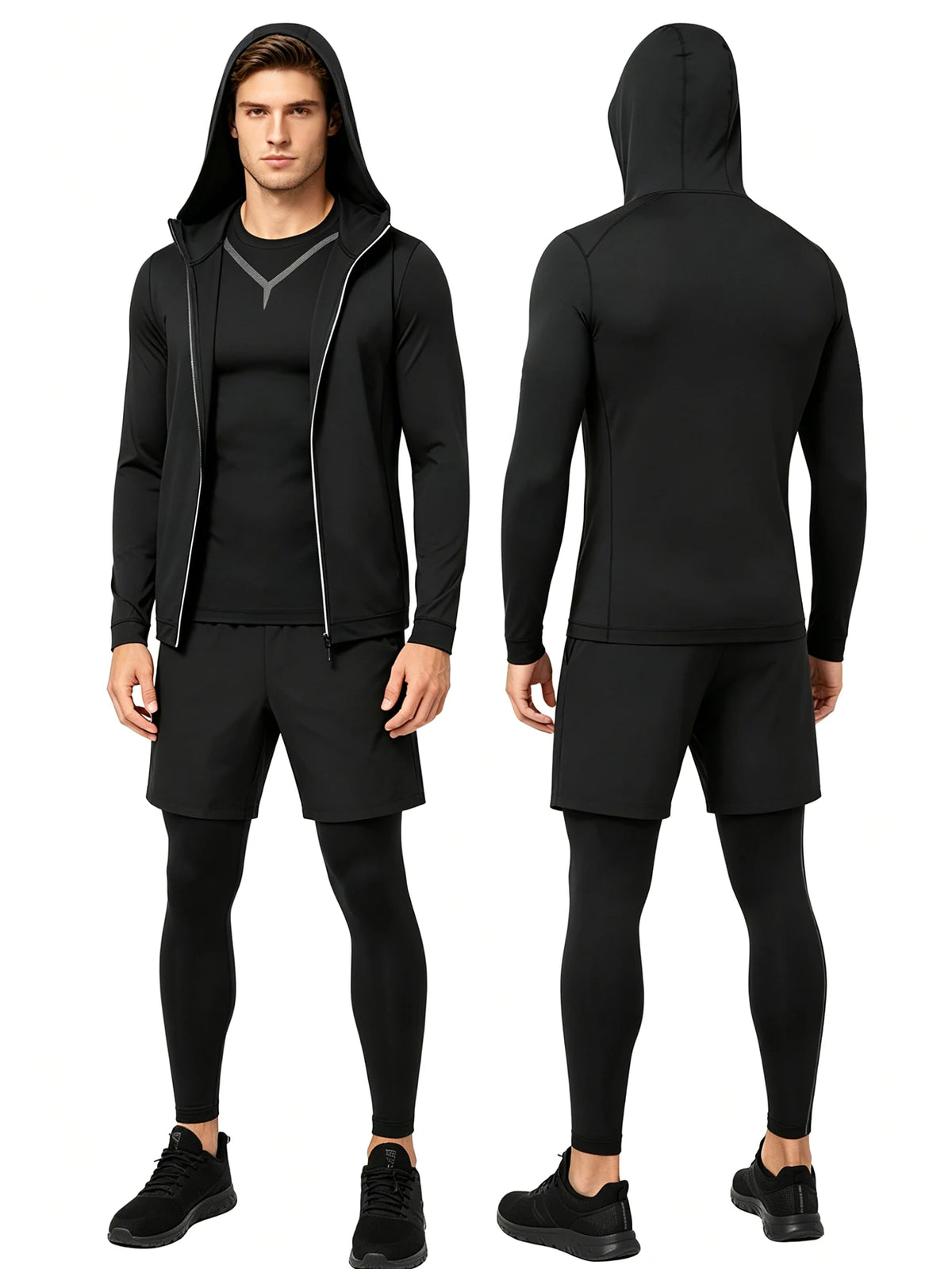 This Men's Four-Piece Tracksuit Includes A Zip-Up Hoodie, A Sports T-Shirt, Running Shorts, And Stretch Leggings. Made From Quick-Drying, Breathable, And Elastic Fabric, It's Perfect For Running And Workouts, Suitable For All