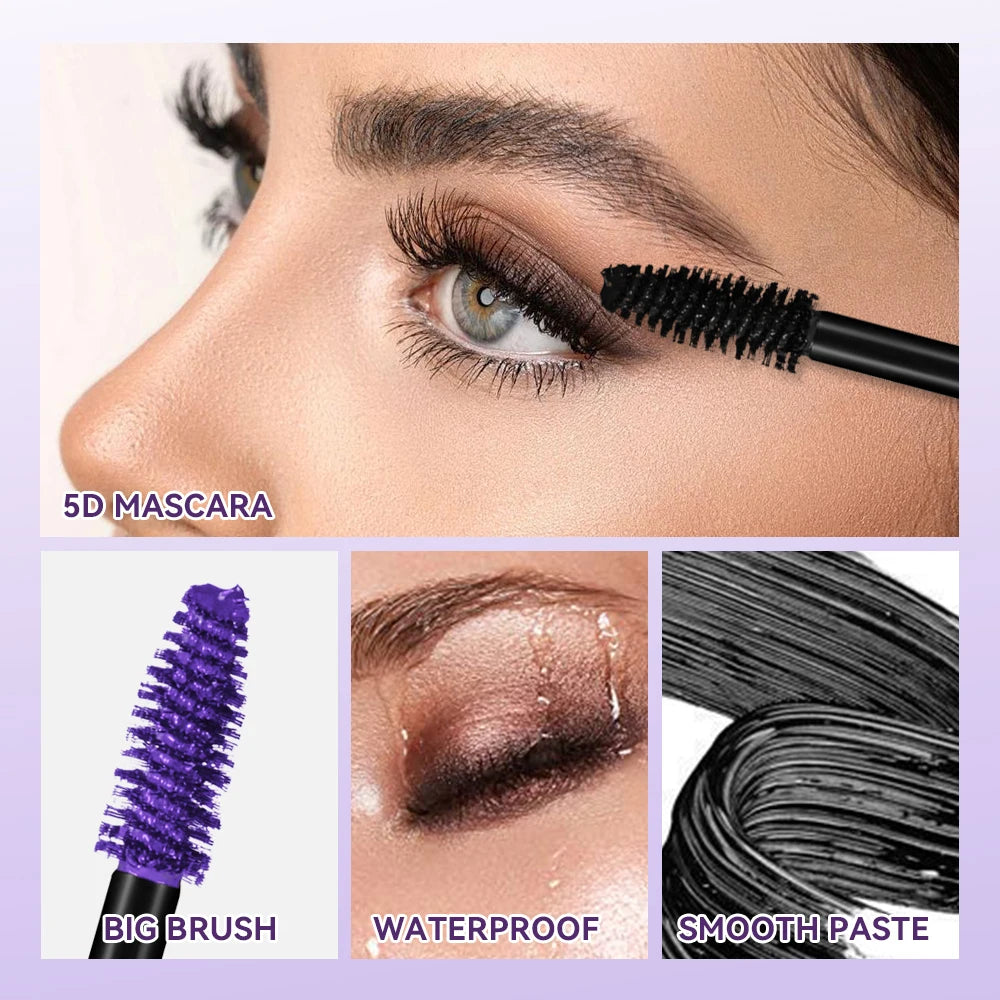 Lakerain 5D Mascara Eyelashes Waterproof Nourishing Smudge-Proof Lengthening Long-Lasting Intense Black Mascara Eye Makeup
