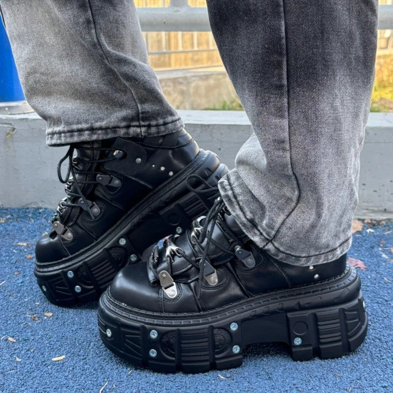 Gothic Black Metal Decoration Women Sneakers Chunky Heel All Match Platform Casual Trainers Sport Runway Unisex Shoes Large Size