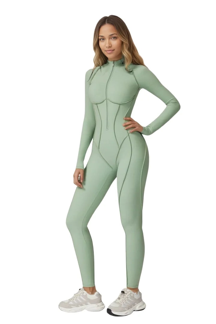 Zip Front Long Sleeve Yoga&Pilates Fit Jumpsuit，One Piece Bodycon for Women, Tummy Control High Stretch S Fitness Sport Outfits