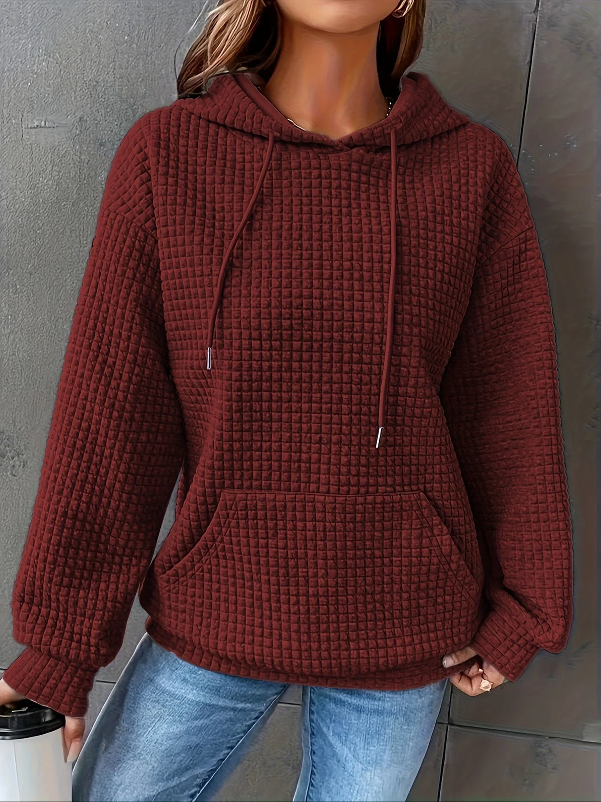 Women Waffle Knit Hoodie Long Sleeve Pullover Sweatshirt