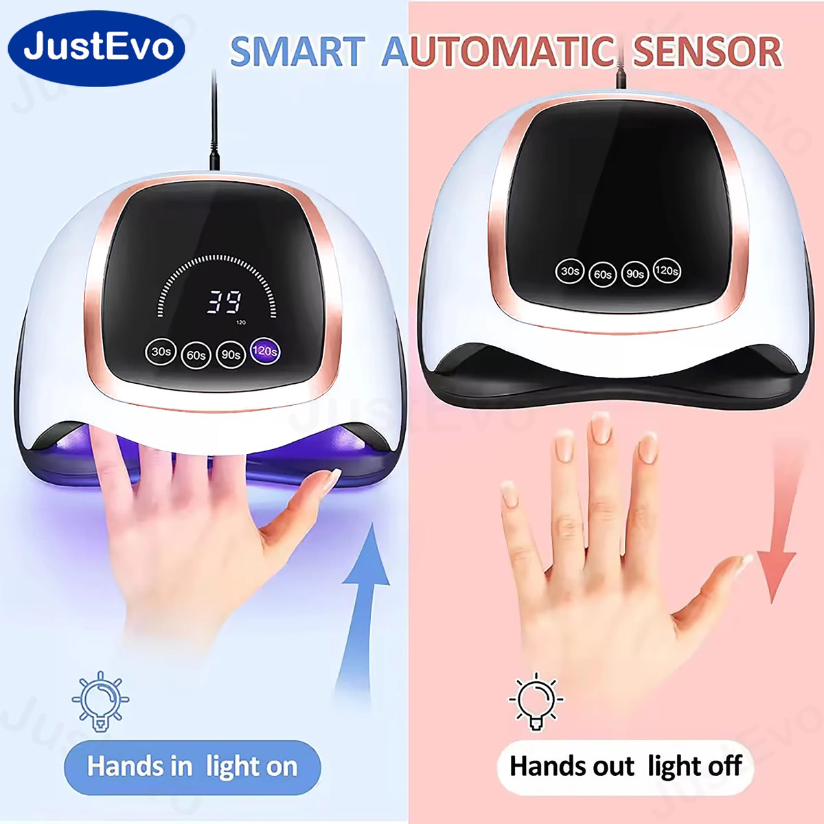 JustEvo LED Nail Lamp For Gel Polish Smart Sensor Nail Dryer With 4 Timers LCD Display Removable Base Professional Manicure Pedicure Light Machine For Home Salon DIY Nail Art Low Heat US Plug