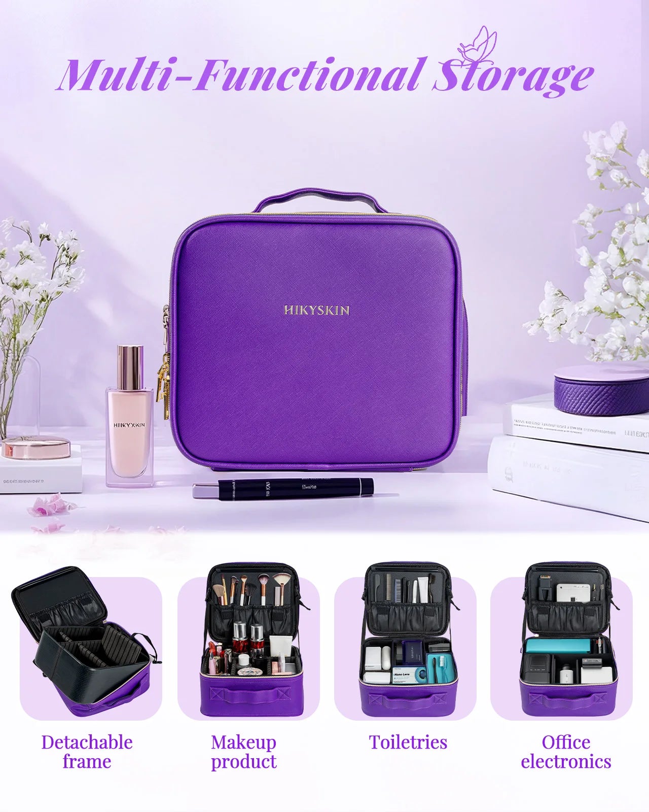 Makeup Bag With Mirror lamp,Travel Waterproof Necessary Beauty Brush Embroidery Tool Storage Cosmetic Case Portable Makeup Box