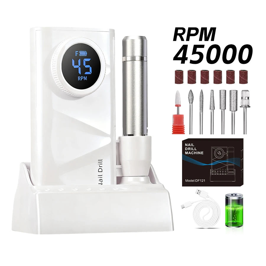 Cordless Nail Drill] Professional Cordless Electric Nail Drill Machine 45000RPM Suitable for Acrylic Gel Nails, LCD Display Rechargeable Nail Drill with Brushless Motor & Adapter for Salon & Home Use, Manicure Pedicure for Na