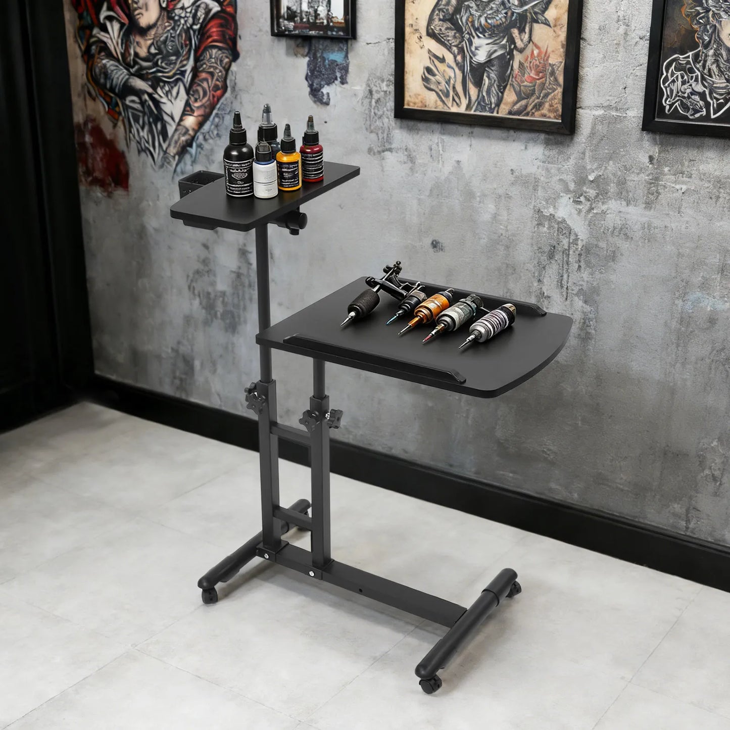 Portable Tattoo Table Station, Tattoo Workbench Stand On Wheels, Iron Tattoo Stable Base, 57.5-90cm Adjustable