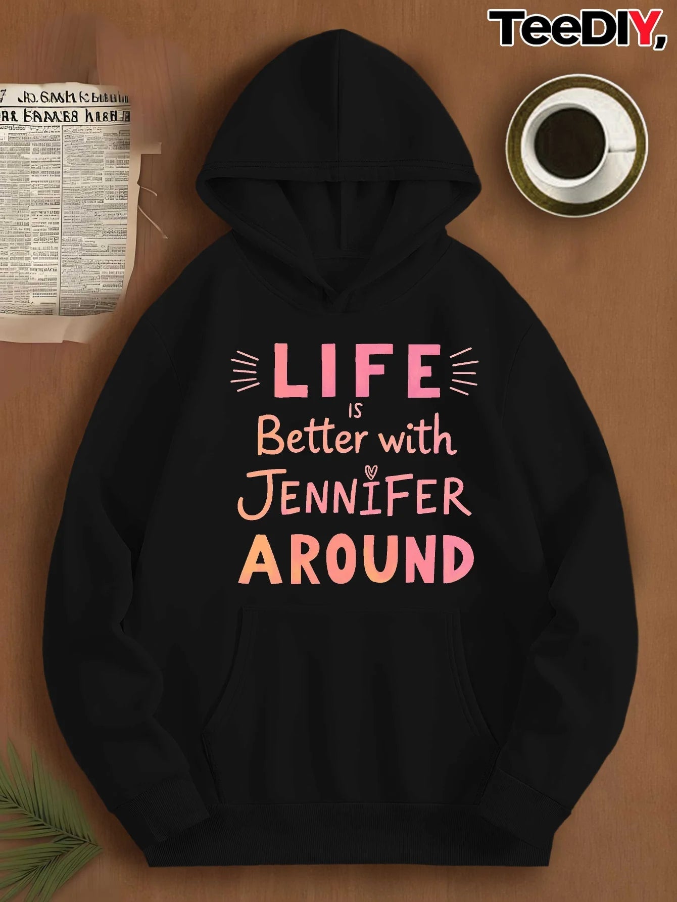 "Better Life with Jennifer" hooded sweatshirt - black with pink letters, geometric pattern print, casual pullover shirt