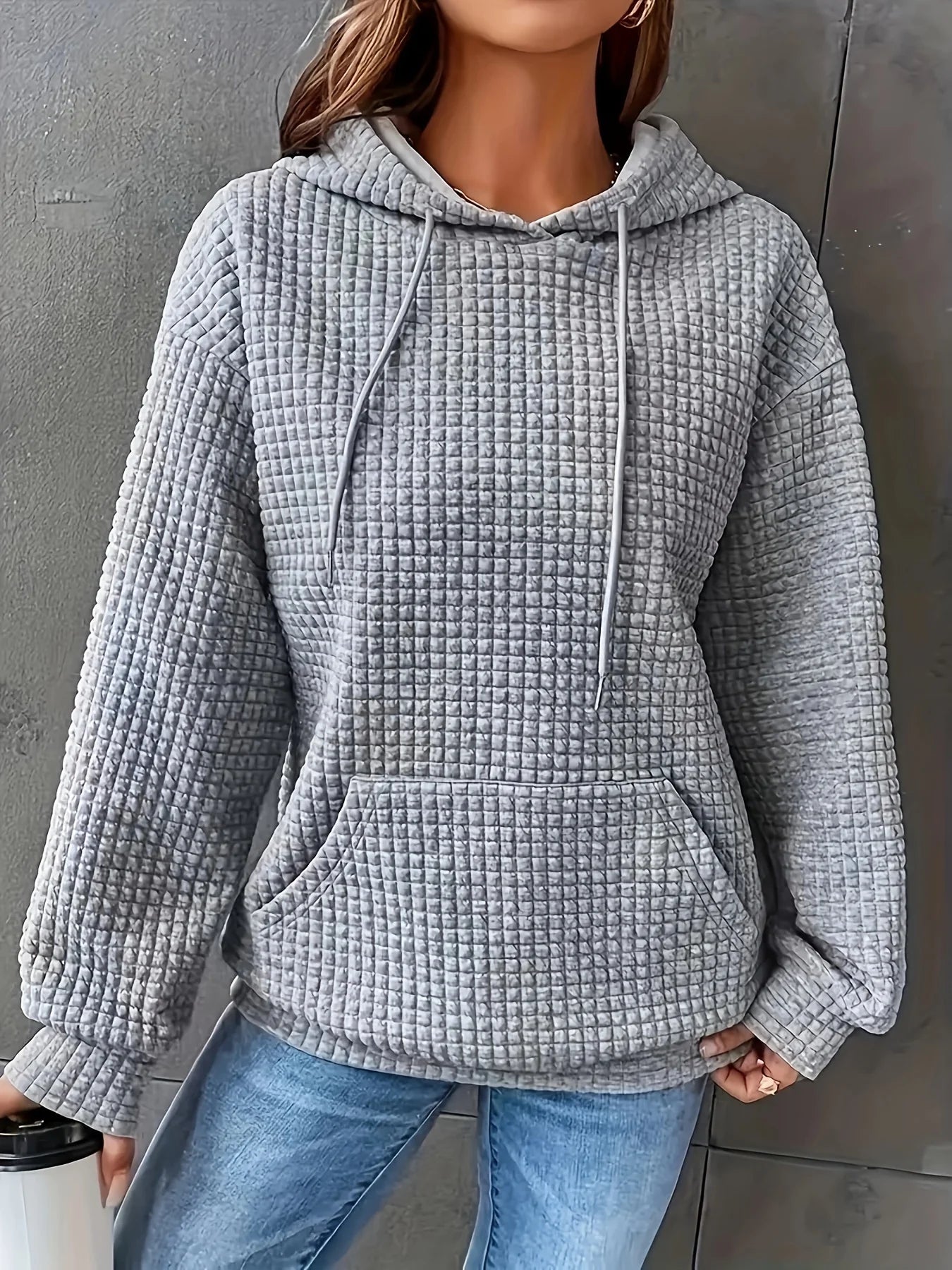 Women Waffle Knit Hoodie Long Sleeve Pullover Sweatshirt