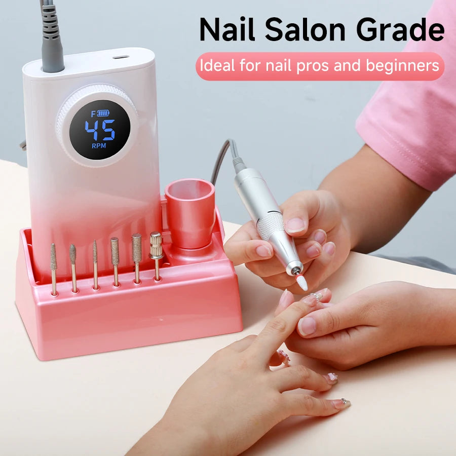Cordless Nail Drill] Professional Cordless Electric Nail Drill Machine 45000RPM Suitable for Acrylic Gel Nails, LCD Display Rechargeable Nail Drill with Brushless Motor & Adapter for Salon & Home Use, Manicure Pedicure for Na