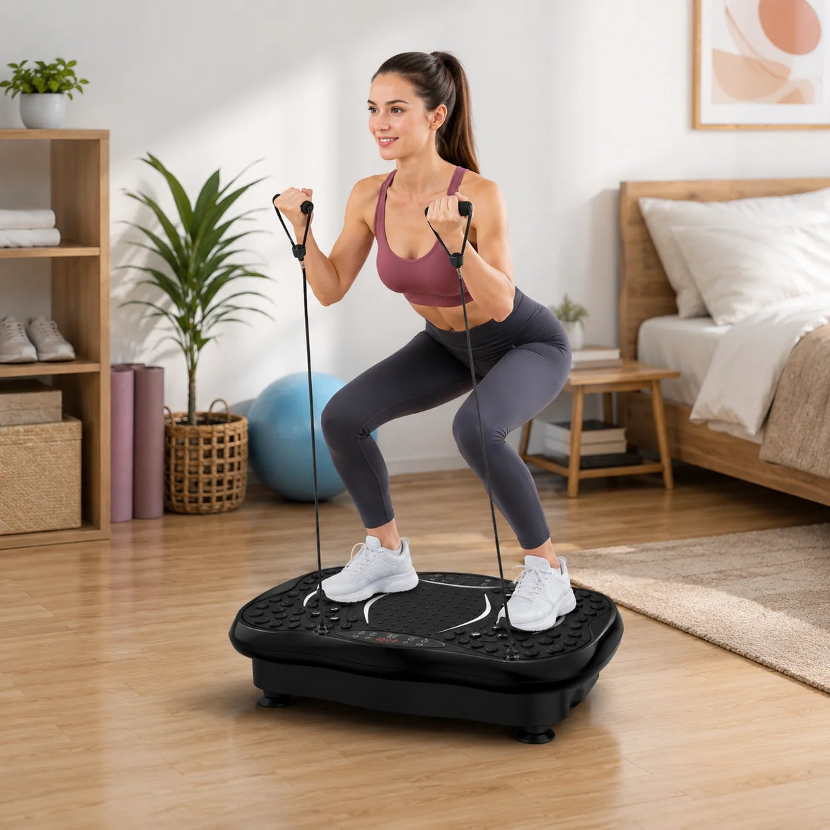 Vibration Plate Exercise Machine with Resistance Bands, Whole Body Vibration Platform for Home Workout, Anti-Slip Fitness Massage Board with Remote Control