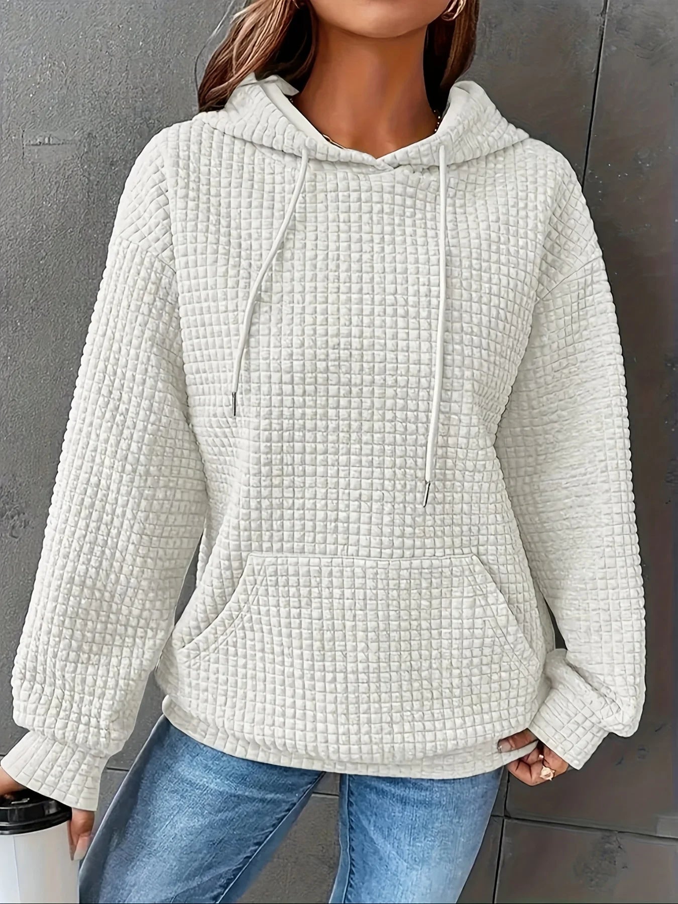 Women Waffle Knit Hoodie Long Sleeve Pullover Sweatshirt