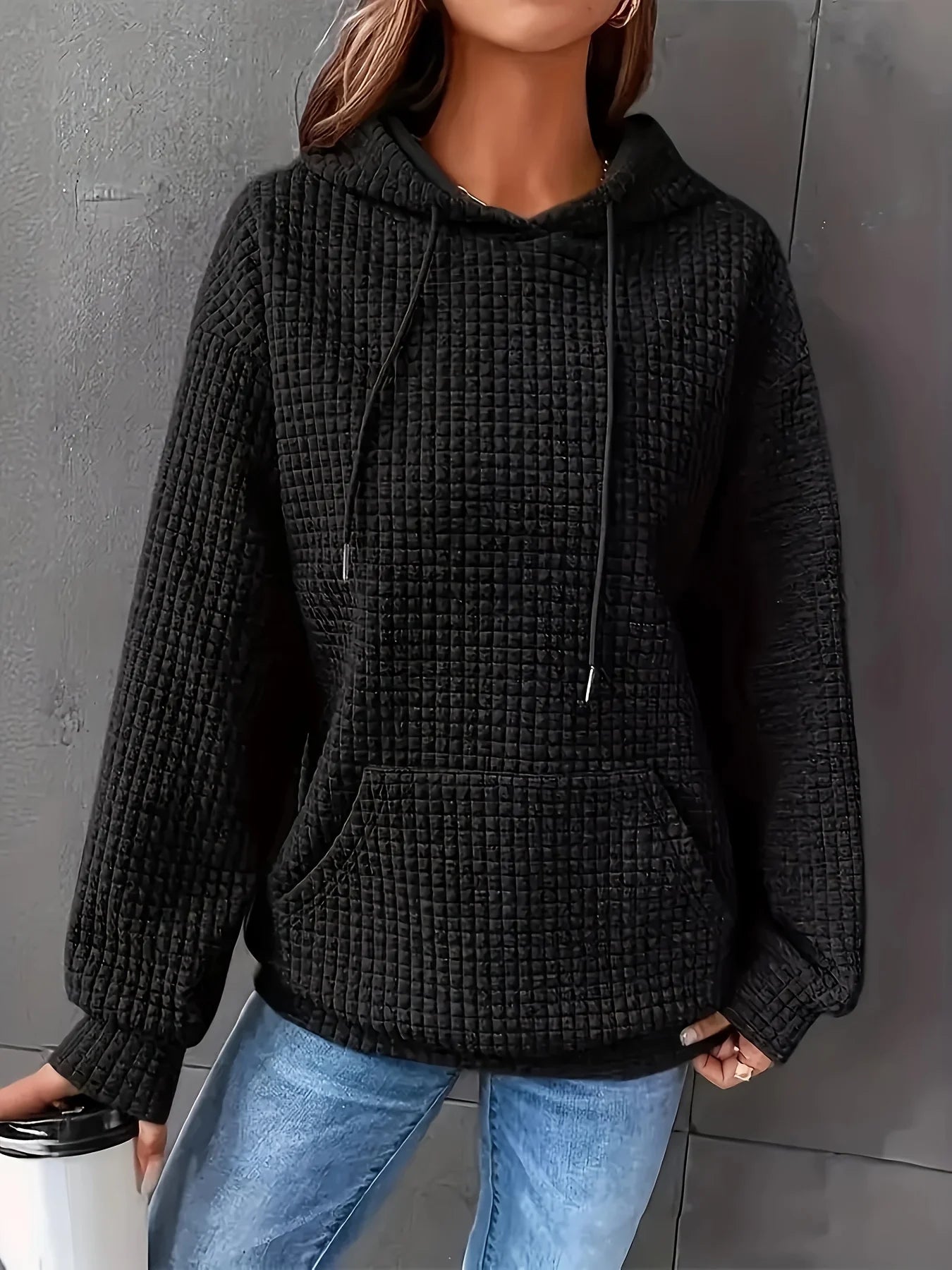 Women Waffle Knit Hoodie Long Sleeve Pullover Sweatshirt