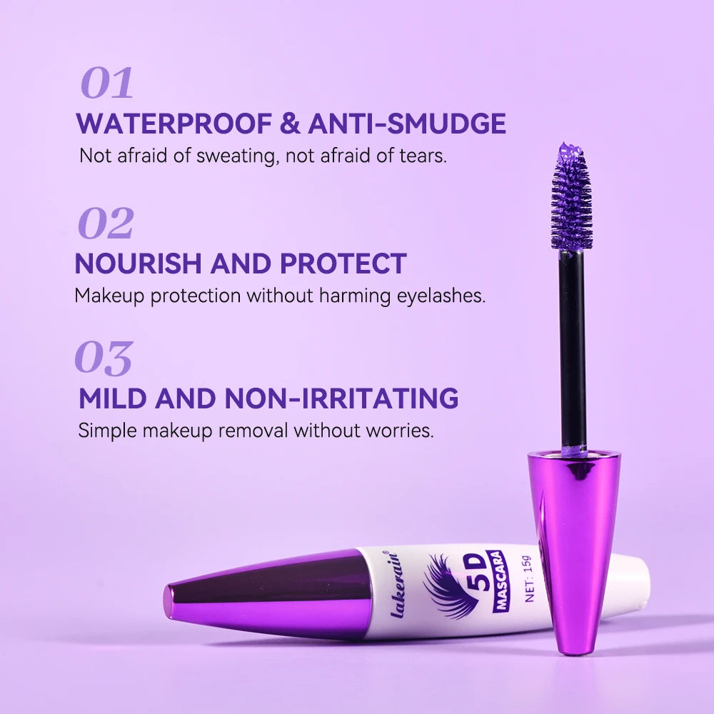 Lakerain 5D Mascara Eyelashes Waterproof Nourishing Smudge-Proof Lengthening Long-Lasting Intense Black Mascara Eye Makeup