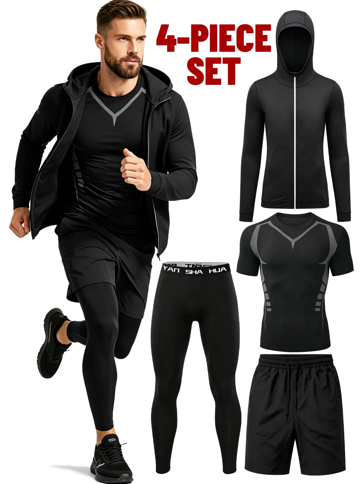This Men's Four-Piece Tracksuit Includes A Zip-Up Hoodie, A Sports T-Shirt, Running Shorts, And Stretch Leggings. Made From Quick-Drying, Breathable, And Elastic Fabric, It's Perfect For Running And Workouts, Suitable For All