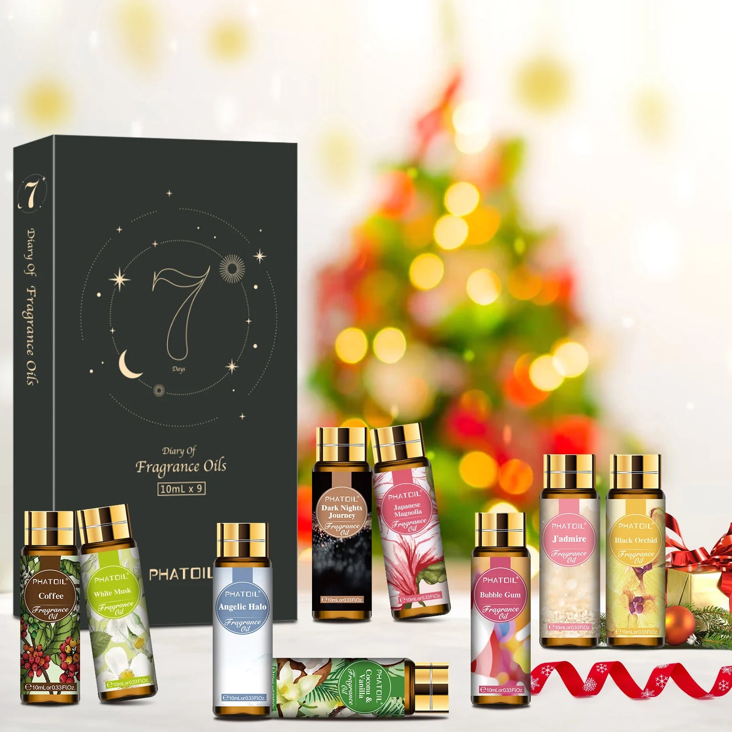 PHATOIL 9 Bottles Fragrance Oil Gift Box Set-10ml White Musk Coffee Bubble Gum Black Orchid Japanese Magnolia Coconut & Vanilla